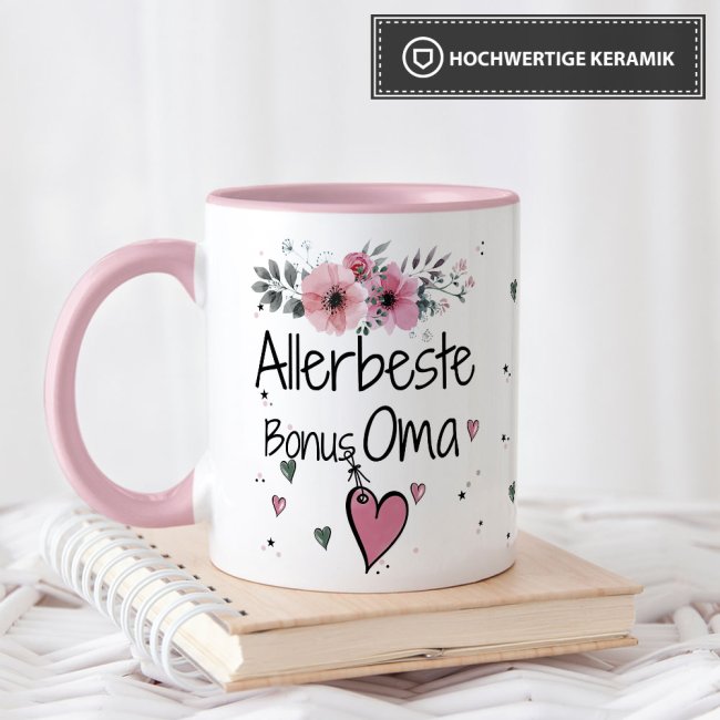 Tasse mit sch&ouml;nem Blumenmotiv - Allerbeste Bonus Oma - Innen &amp; Henkel Rosa