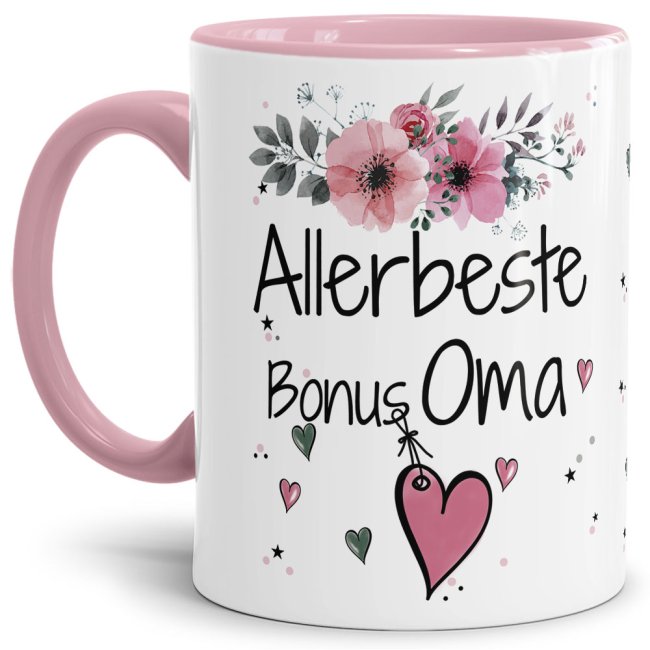 Tasse mit sch&ouml;nem Blumenmotiv - Allerbeste Bonus Oma - Innen &amp; Henkel Rosa