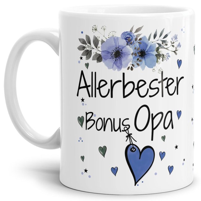 Tasse mit sch&ouml;nem Blumenmotiv - Allerbester Bonus Opa - Wei&szlig;