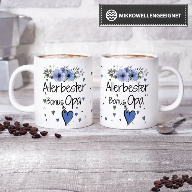 Tasse mit sch&ouml;nem Blumenmotiv - Allerbester Bonus Opa - Wei&szlig;