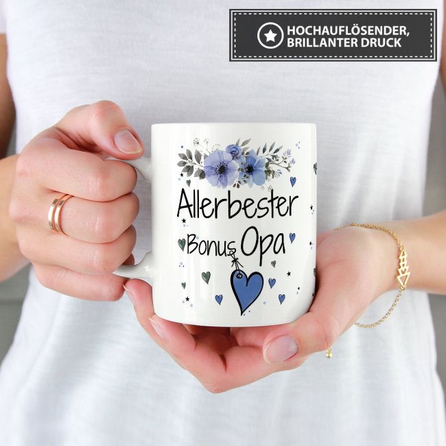 Tasse mit sch&ouml;nem Blumenmotiv - Allerbester Bonus Opa - Wei&szlig;