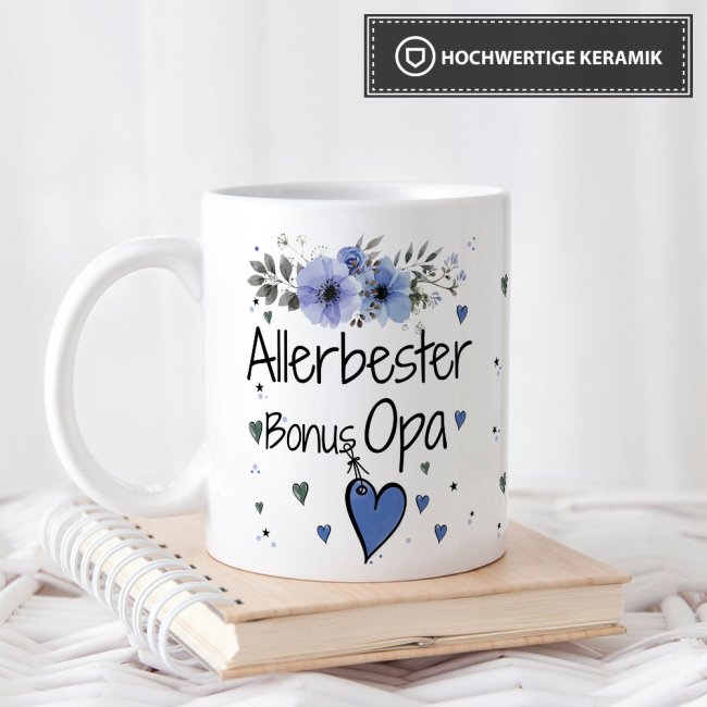 Tasse mit sch&ouml;nem Blumenmotiv - Allerbester Bonus Opa - Wei&szlig;