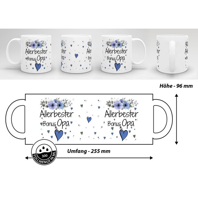 Tasse mit sch&ouml;nem Blumenmotiv - Allerbester Bonus Opa - Wei&szlig;