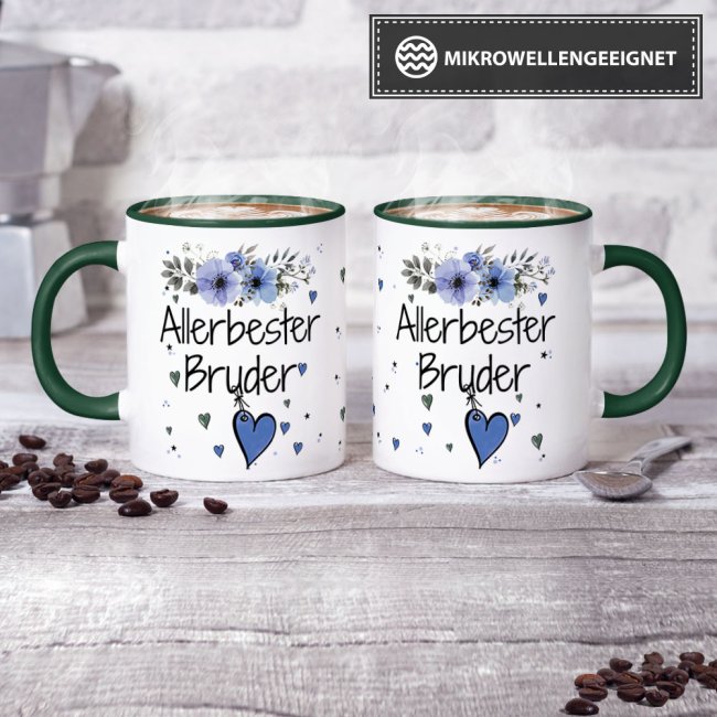 Tasse mit sch&ouml;nem Blumenmotiv - Allerbester Bruder - Innen &amp; Henkel Dunkelgr&uuml;n