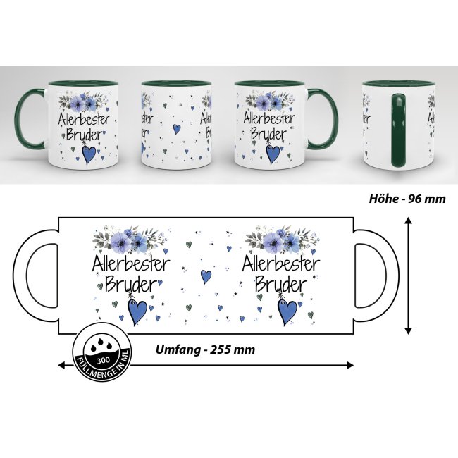 Tasse mit sch&ouml;nem Blumenmotiv - Allerbester Bruder - Innen &amp; Henkel Dunkelgr&uuml;n