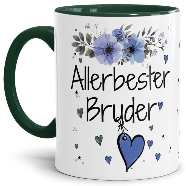 Tasse mit sch&ouml;nem Blumenmotiv - Allerbester Bruder - Innen &amp; Henkel Dunkelgr&uuml;n