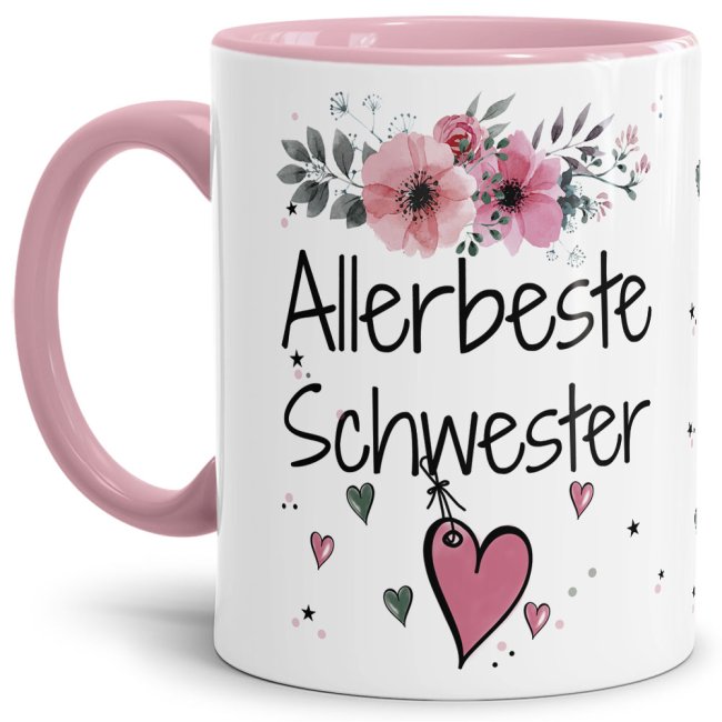 Tasse mit sch&ouml;nem Blumenmotiv - Allerbeste Schwester - Innen &amp; Henkel Rosa