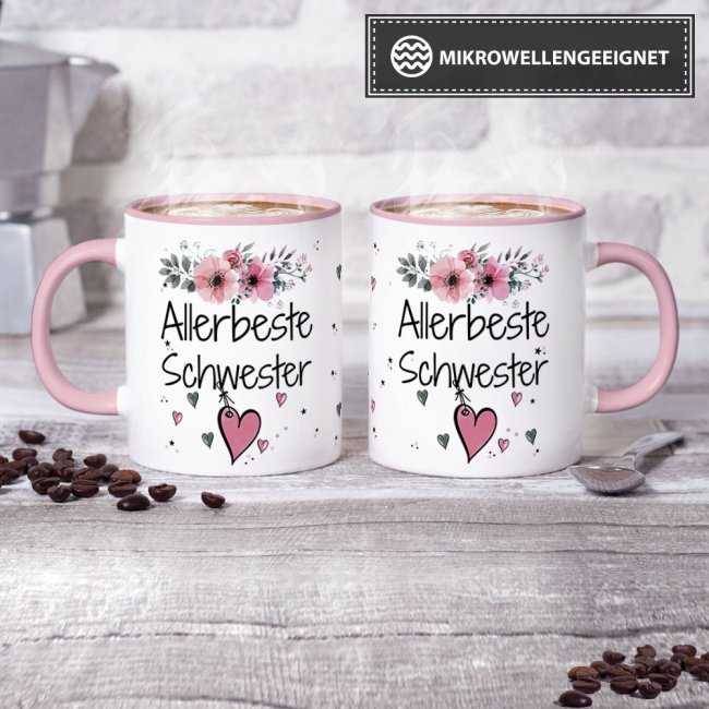 Tasse mit sch&ouml;nem Blumenmotiv - Allerbeste Schwester - Innen &amp; Henkel Rosa