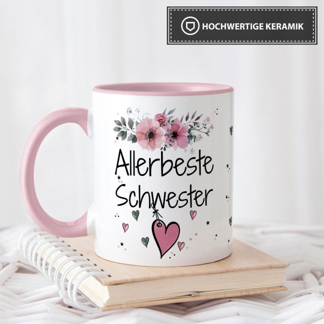 Tasse mit sch&ouml;nem Blumenmotiv - Allerbeste Schwester - Innen &amp; Henkel Rosa