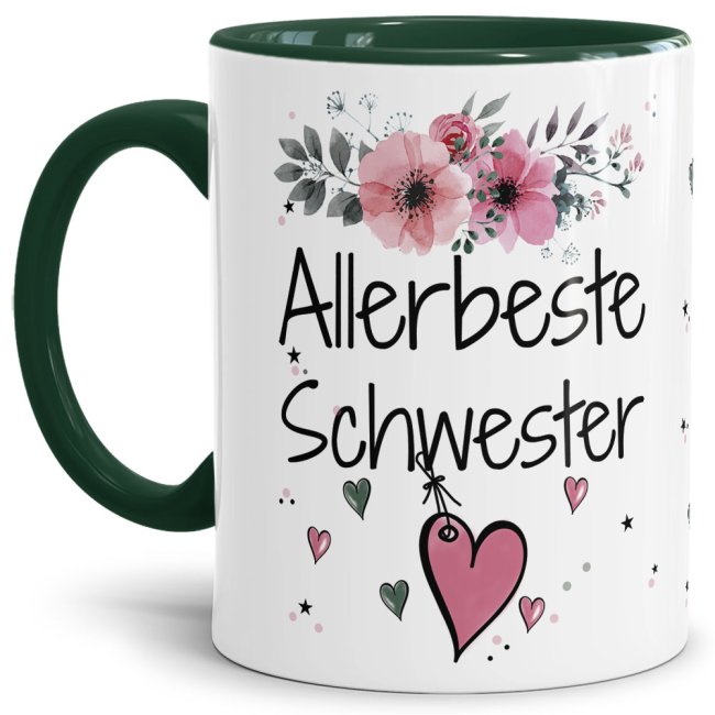Tasse mit sch&ouml;nem Blumenmotiv - Allerbeste Schwester - Innen &amp; Henkel Dunkelgr&uuml;n