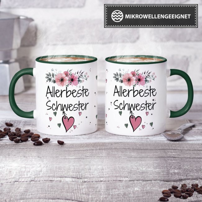 Tasse mit sch&ouml;nem Blumenmotiv - Allerbeste Schwester - Innen &amp; Henkel Dunkelgr&uuml;n