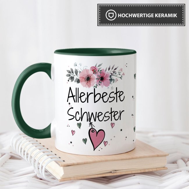 Tasse mit sch&ouml;nem Blumenmotiv - Allerbeste Schwester - Innen &amp; Henkel Dunkelgr&uuml;n