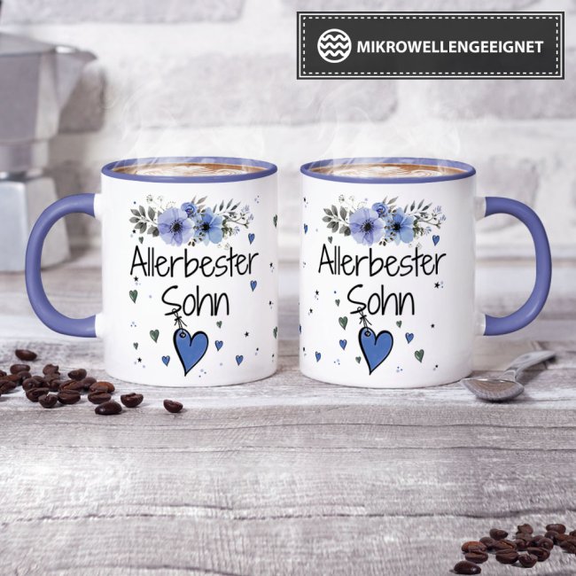 Tasse mit sch&ouml;nem Blumenmotiv - Allerbester Sohn - Innen &amp; Henkel Cambridge Blau