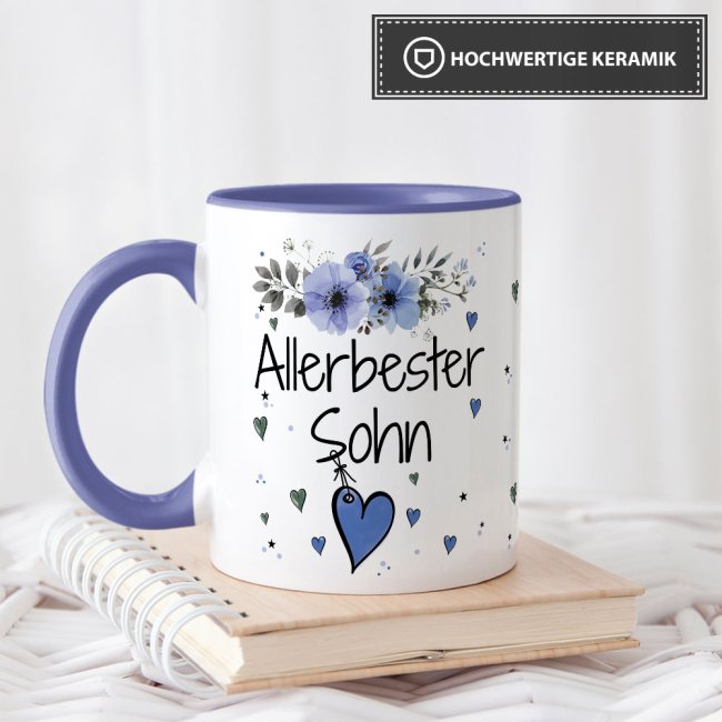 Tasse mit sch&ouml;nem Blumenmotiv - Allerbester Sohn - Innen &amp; Henkel Cambridge Blau