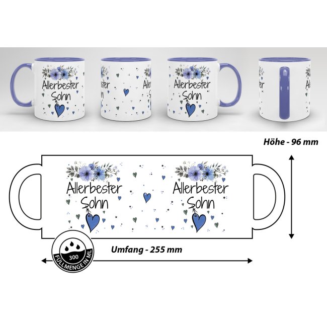 Tasse mit sch&ouml;nem Blumenmotiv - Allerbester Sohn - Innen &amp; Henkel Cambridge Blau