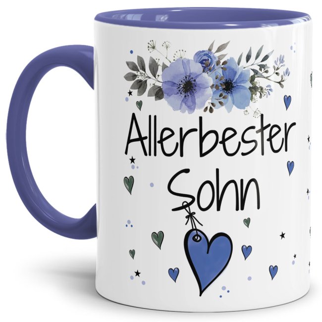 Tasse mit sch&ouml;nem Blumenmotiv - Allerbester Sohn - Innen &amp; Henkel Cambridge Blau