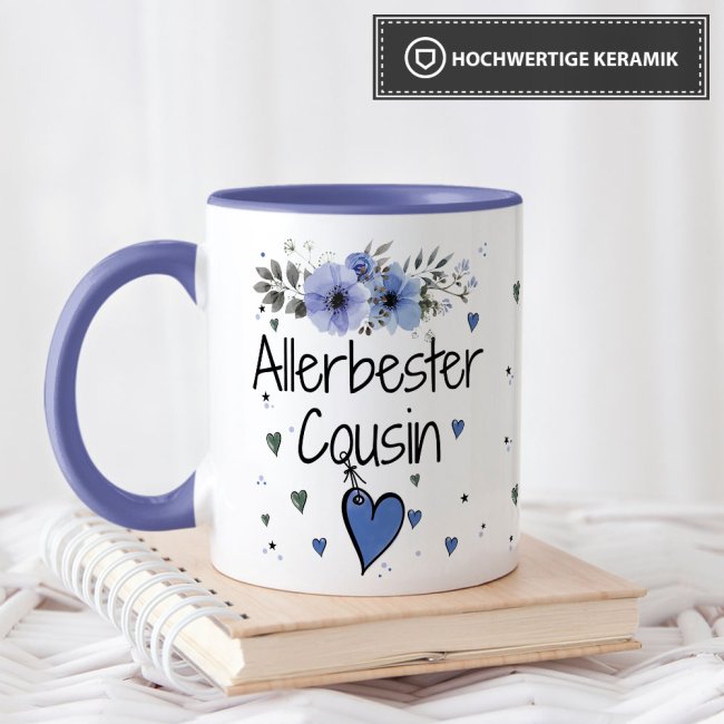 Tasse mit sch&ouml;nem Blumenmotiv - Allerbester Cousin - Innen &amp; Henkel Cambridge Blau