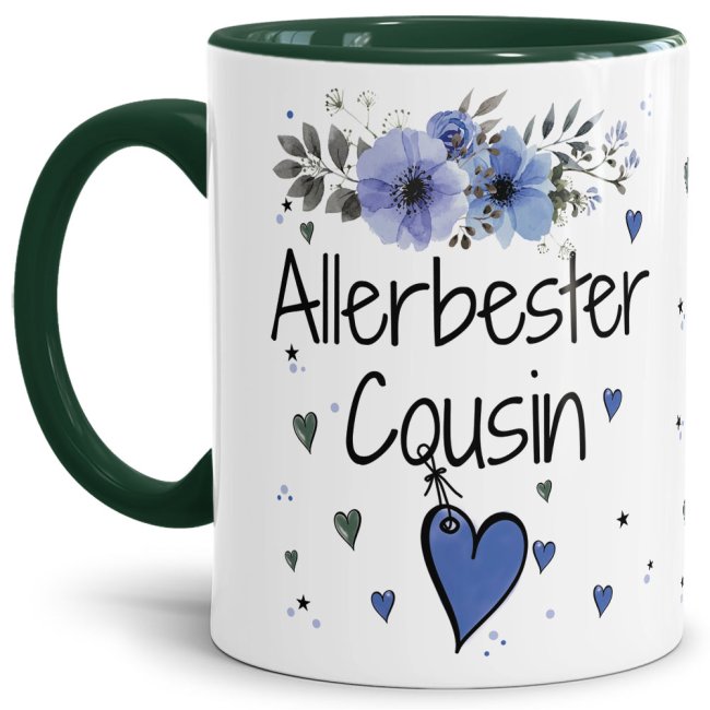 Tasse mit sch&ouml;nem Blumenmotiv - Allerbester Cousin - Innen &amp; Henkel Dunkelgr&uuml;n