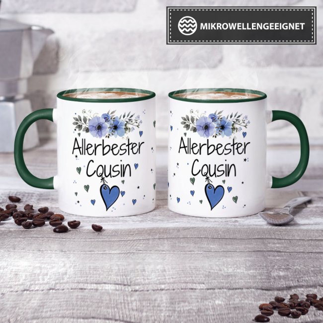 Tasse mit sch&ouml;nem Blumenmotiv - Allerbester Cousin - Innen &amp; Henkel Dunkelgr&uuml;n