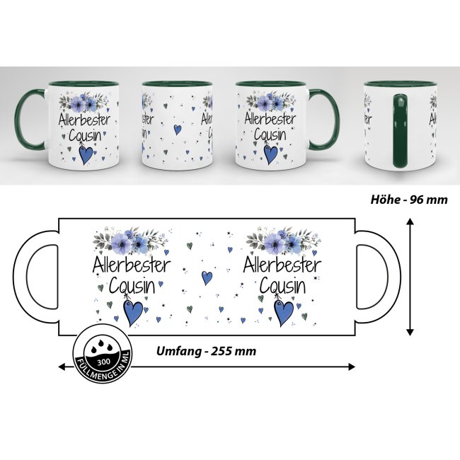 Tasse mit sch&ouml;nem Blumenmotiv - Allerbester Cousin - Innen &amp; Henkel Dunkelgr&uuml;n