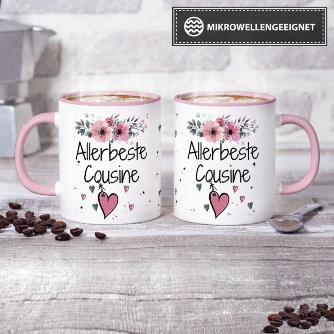 Tasse mit sch&ouml;nem Blumenmotiv - Allerbeste Cousine - Innen &amp; Henkel Rosa