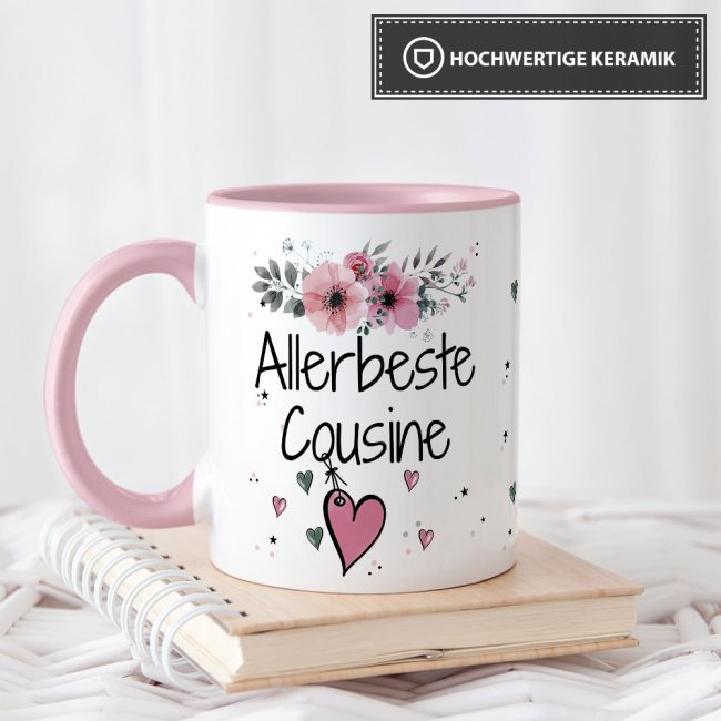 Tasse mit sch&ouml;nem Blumenmotiv - Allerbeste Cousine - Innen &amp; Henkel Rosa