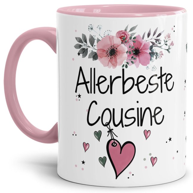 Tasse mit sch&ouml;nem Blumenmotiv - Allerbeste Cousine - Innen &amp; Henkel Rosa