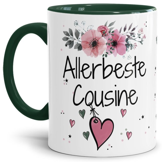 Tasse mit sch&ouml;nem Blumenmotiv - Allerbeste Cousine - Innen &amp; Henkel Dunkelgr&uuml;n