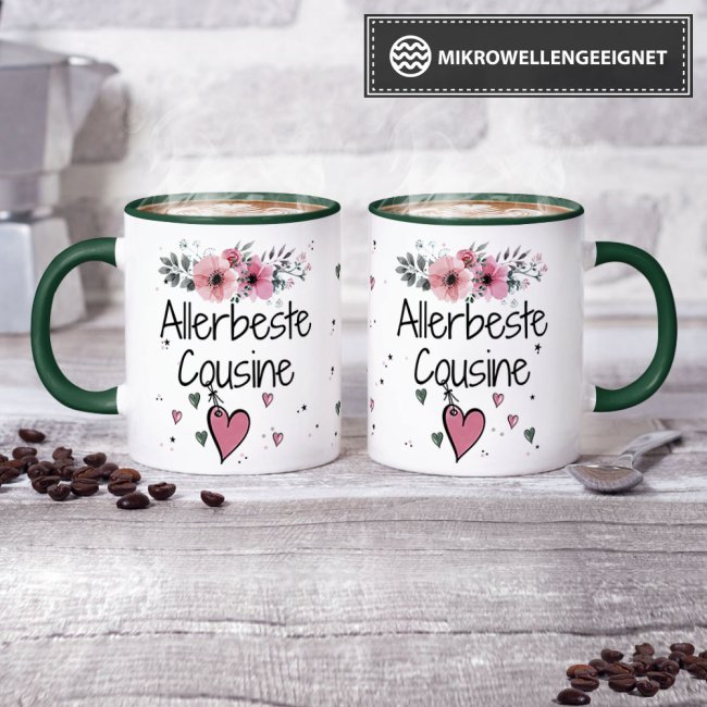 Tasse mit sch&ouml;nem Blumenmotiv - Allerbeste Cousine - Innen &amp; Henkel Dunkelgr&uuml;n