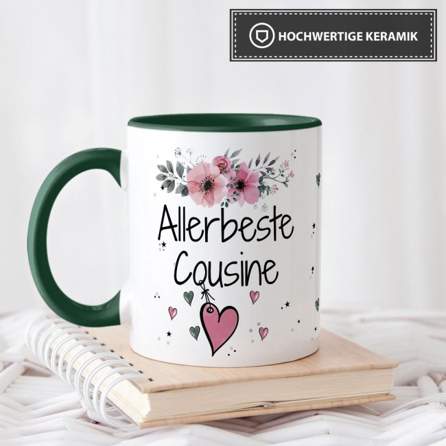 Tasse mit sch&ouml;nem Blumenmotiv - Allerbeste Cousine - Innen &amp; Henkel Dunkelgr&uuml;n