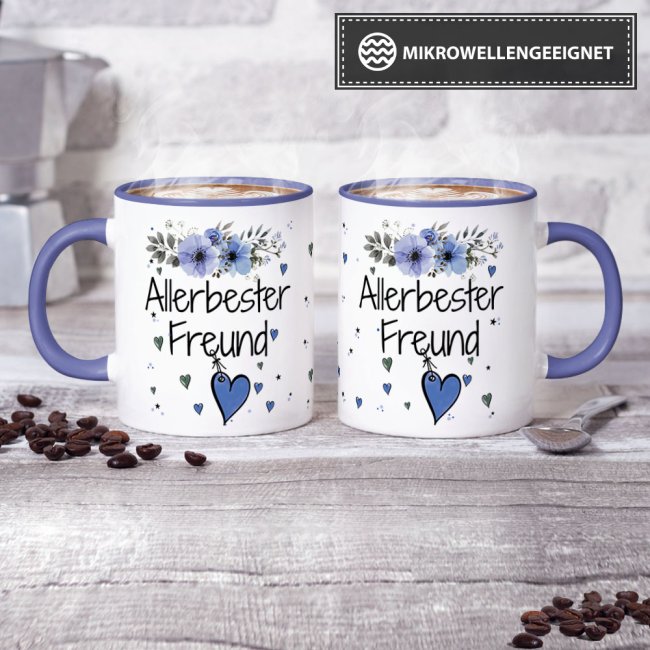 Tasse mit sch&ouml;nem Blumenmotiv - Allerbester Freund - Innen &amp; Henkel Cambridge Blau