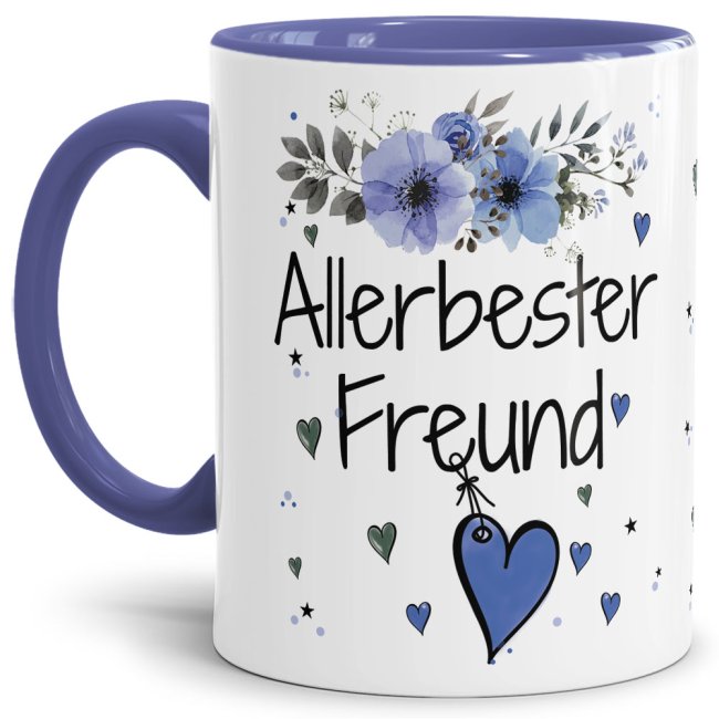 Tasse mit sch&ouml;nem Blumenmotiv - Allerbester Freund - Innen &amp; Henkel Cambridge Blau