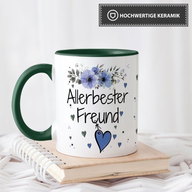 Tasse mit sch&ouml;nem Blumenmotiv - Allerbester Freund - Innen &amp; Henkel Dunkelgr&uuml;n