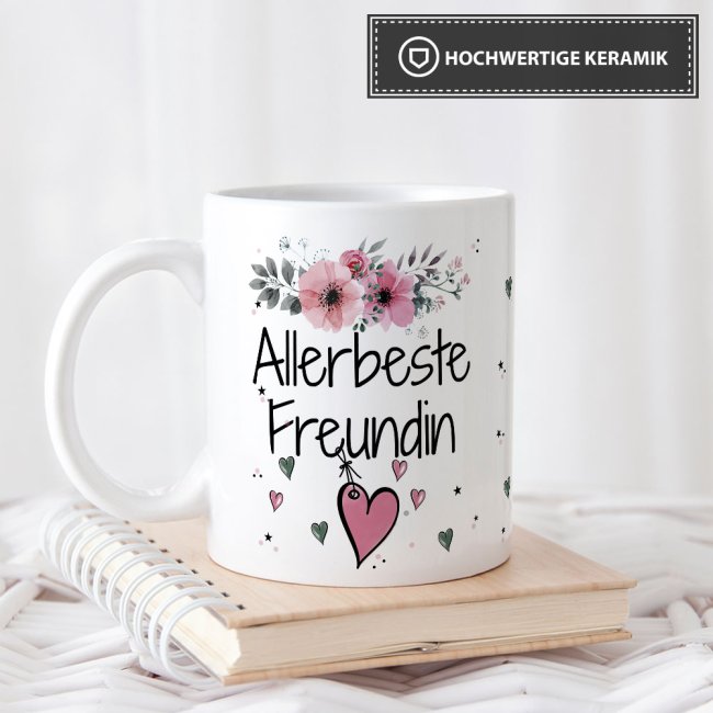 Tasse mit sch&ouml;nem Blumenmotiv - Allerbeste Freundin - Wei&szlig;