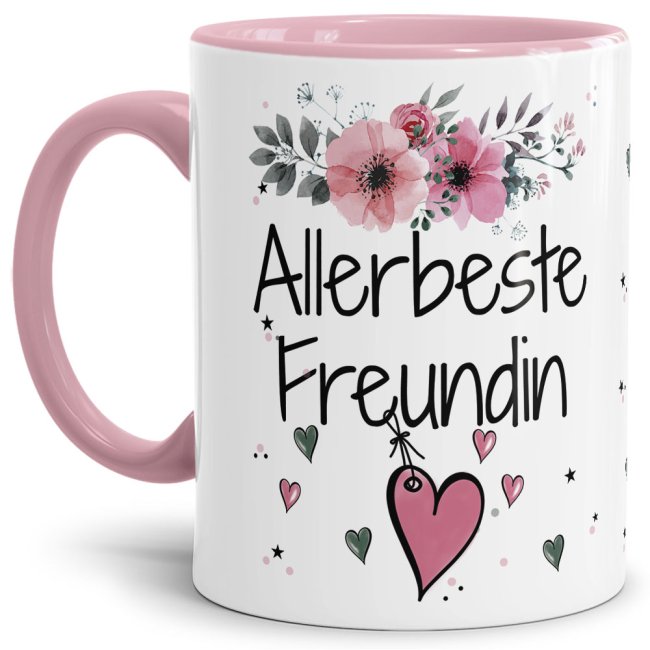 Tasse mit sch&ouml;nem Blumenmotiv - Allerbeste Freundin - Innen &amp; Henkel Rosa