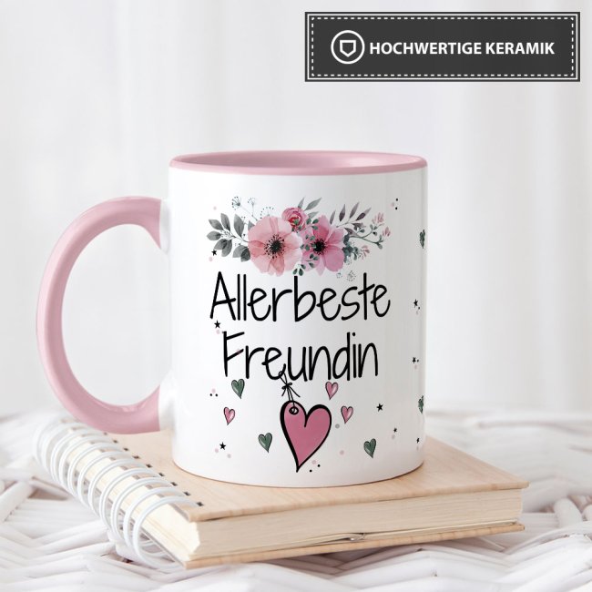 Tasse mit sch&ouml;nem Blumenmotiv - Allerbeste Freundin - Innen &amp; Henkel Rosa