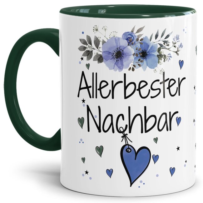 Tasse mit sch&ouml;nem Blumenmotiv - Allerbester Nachbar - Innen &amp; Henkel Dunkelgr&uuml;n