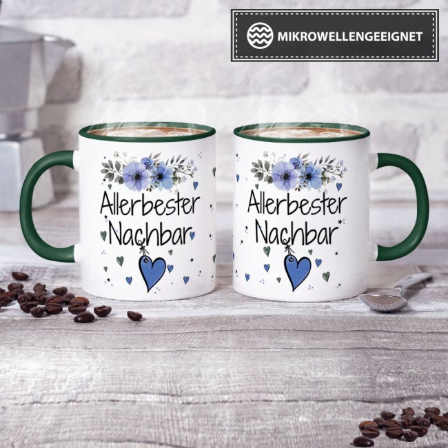 Tasse mit sch&ouml;nem Blumenmotiv - Allerbester Nachbar - Innen &amp; Henkel Dunkelgr&uuml;n