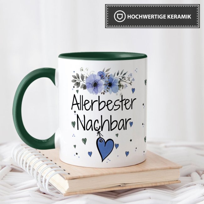 Tasse mit sch&ouml;nem Blumenmotiv - Allerbester Nachbar - Innen &amp; Henkel Dunkelgr&uuml;n