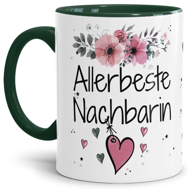 Tasse mit sch&ouml;nem Blumenmotiv - Allerbeste Nachbarin - Innen &amp; Henkel Dunkelgr&uuml;n