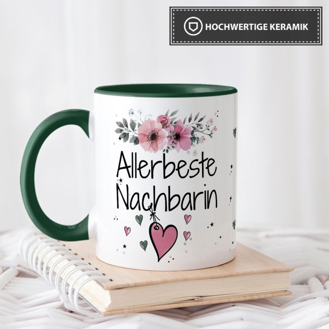 Tasse mit sch&ouml;nem Blumenmotiv - Allerbeste Nachbarin - Innen &amp; Henkel Dunkelgr&uuml;n