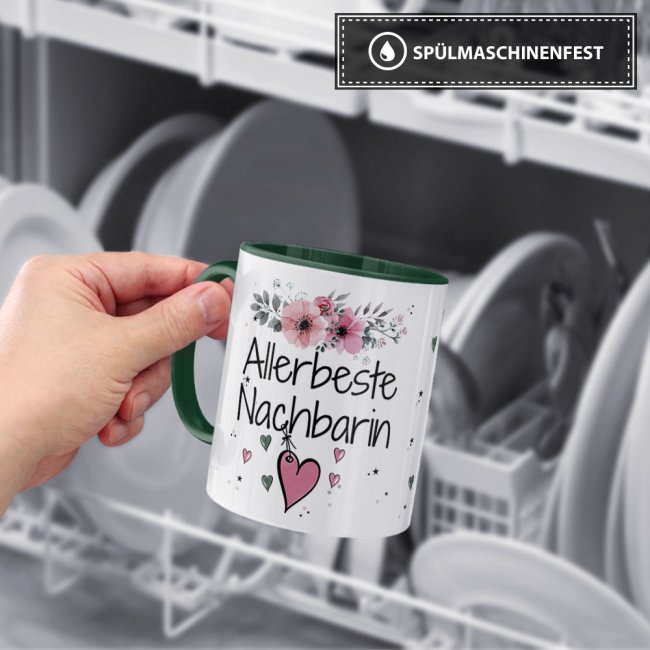 Tasse mit sch&ouml;nem Blumenmotiv - Allerbeste Nachbarin - Innen &amp; Henkel Dunkelgr&uuml;n