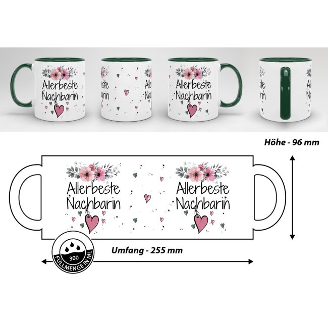 Tasse mit sch&ouml;nem Blumenmotiv - Allerbeste Nachbarin - Innen &amp; Henkel Dunkelgr&uuml;n