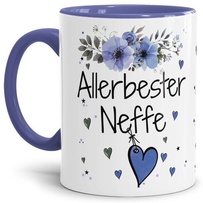 Tasse mit sch&ouml;nem Blumenmotiv - Allerbester Neffe - Innen &amp; Henkel Cambridge Blau