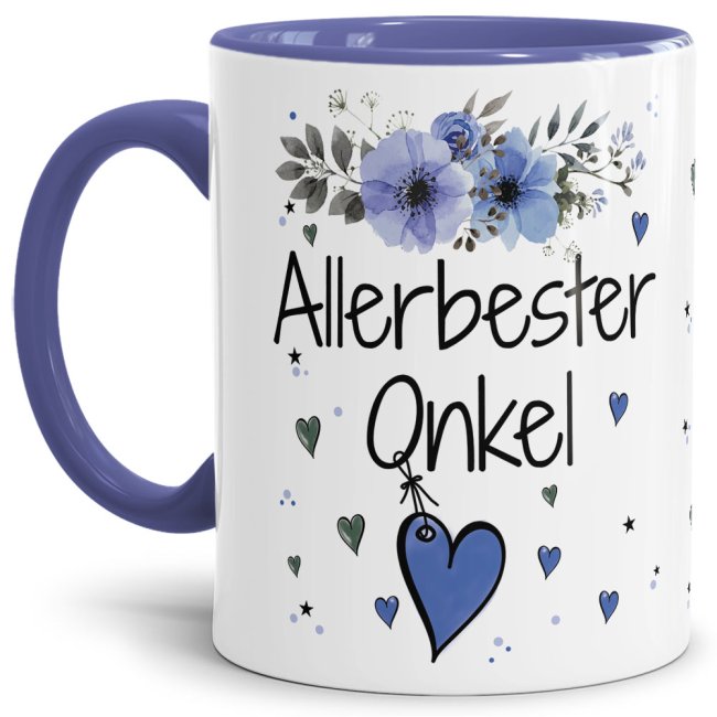 Tasse mit sch&ouml;nem Blumenmotiv - Allerbester Onkel - Innen &amp; Henkel Cambridge Blau