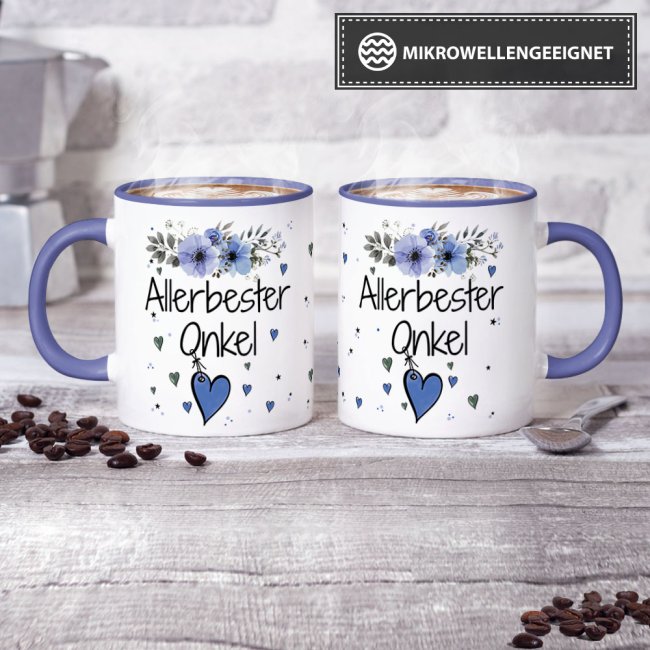 Tasse mit sch&ouml;nem Blumenmotiv - Allerbester Onkel - Innen &amp; Henkel Cambridge Blau