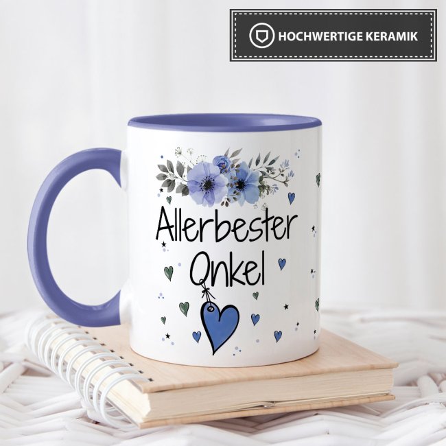 Tasse mit sch&ouml;nem Blumenmotiv - Allerbester Onkel - Innen &amp; Henkel Cambridge Blau