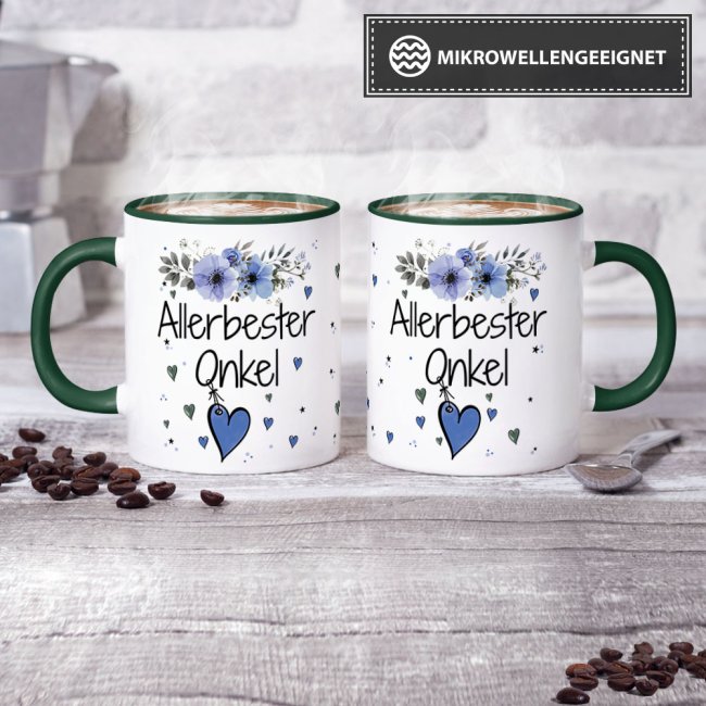 Tasse mit sch&ouml;nem Blumenmotiv - Allerbester Onkel - Innen &amp; Henkel Dunkelgr&uuml;n