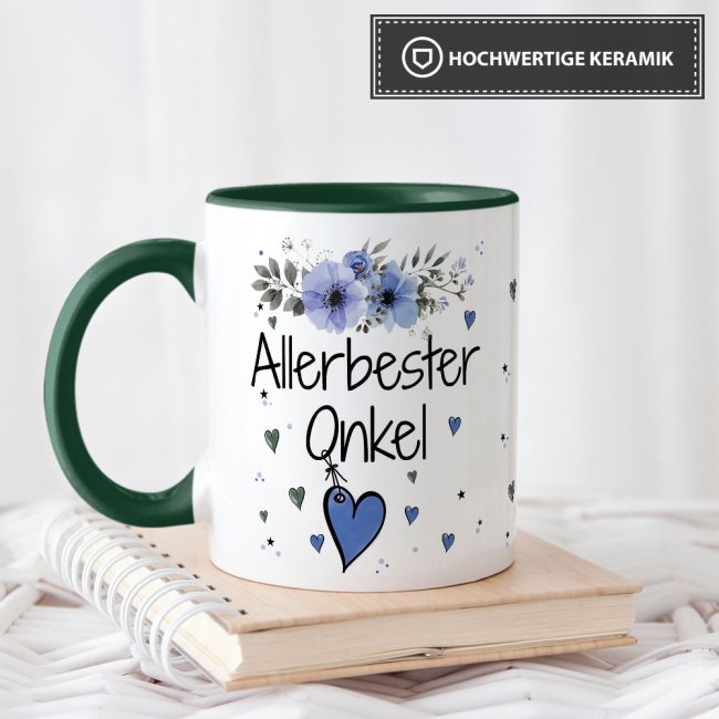 Tasse mit sch&ouml;nem Blumenmotiv - Allerbester Onkel - Innen &amp; Henkel Dunkelgr&uuml;n