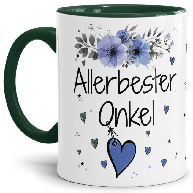 Tasse mit sch&ouml;nem Blumenmotiv - Allerbester Onkel - Innen &amp; Henkel Dunkelgr&uuml;n